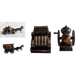 Lot of 4 Metal Pencil Sharpeners Horse & Carriage Cash Register Coffee Grinder